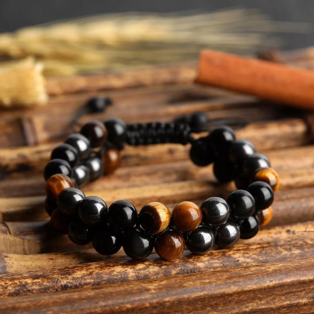 Natural 4mm Tiger's Eye Obsidian Hematite Stone Braided Bracelet for Protection